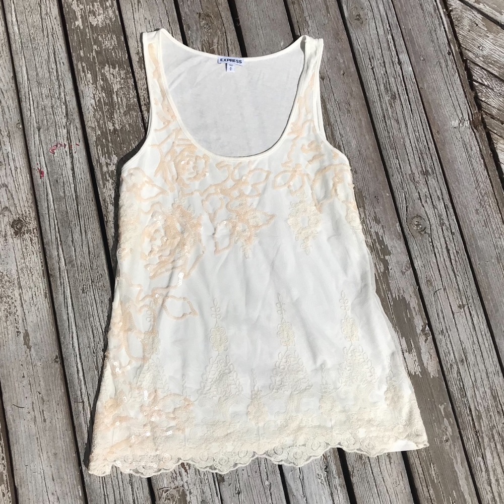 Sequin and Lace Tank Top in Cream